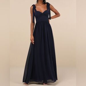 NWT Lulus Radiant Charisma Navy Chiffon Ruched Tie-Strap Maxi Dress Bridesmaid M